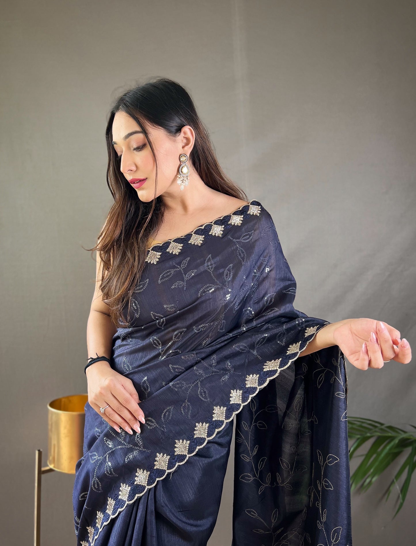 Black Color Floral Embroidered Silk Blend Saree