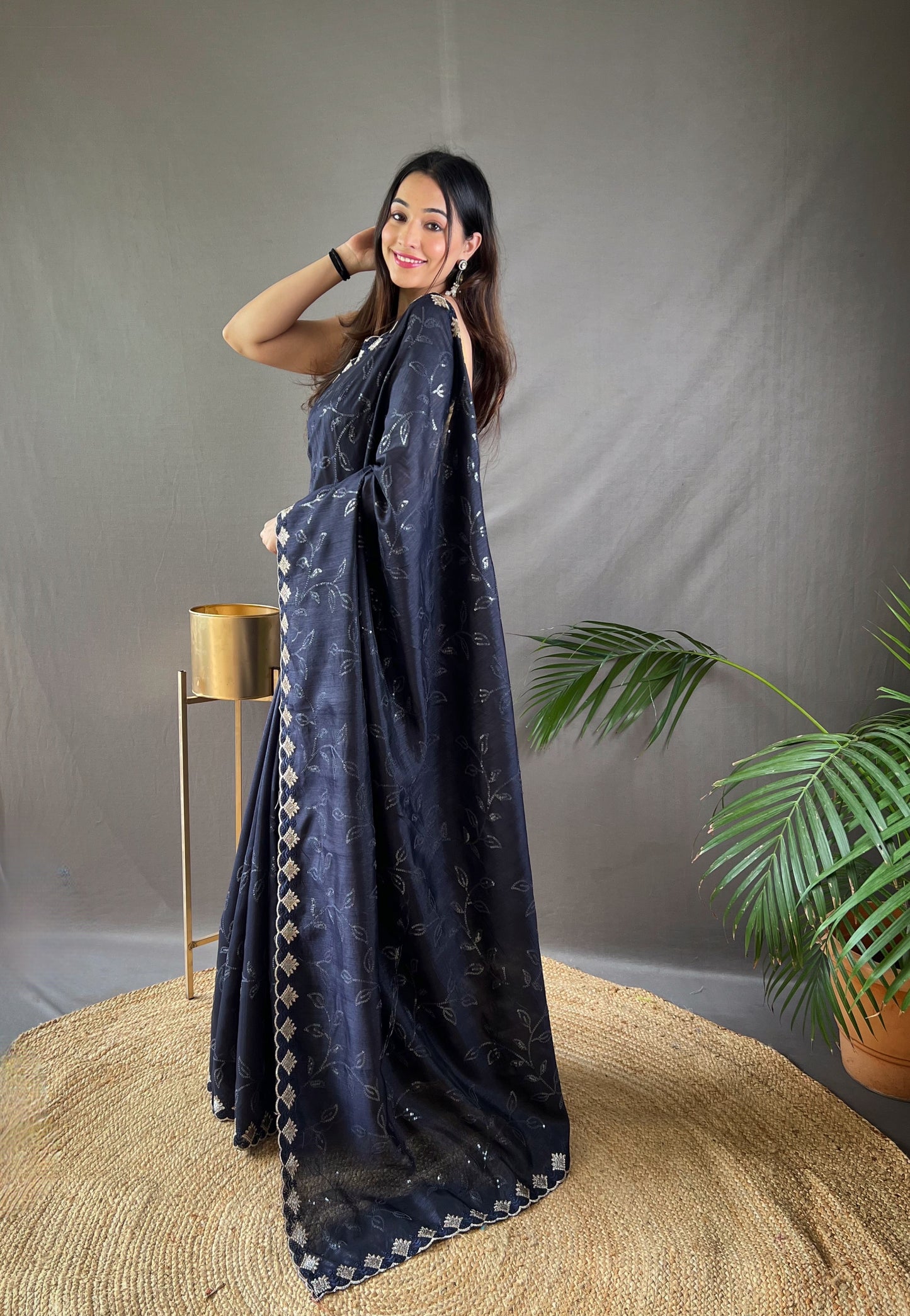 Black Color Floral Embroidered Silk Blend Saree