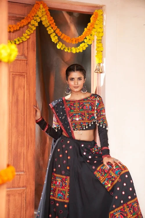 Black Exclusive Embroiered Work Fancy Navratri Lehenga