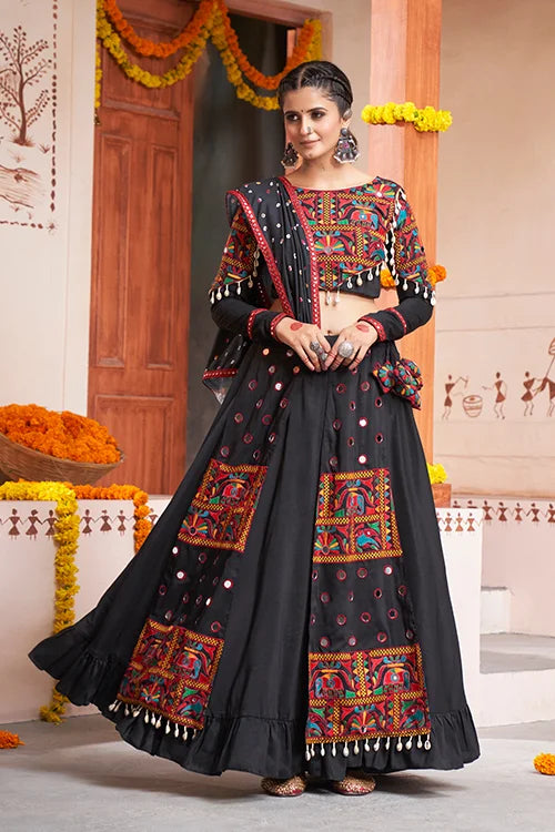 Black Exclusive Embroiered Work Fancy Navratri Lehenga