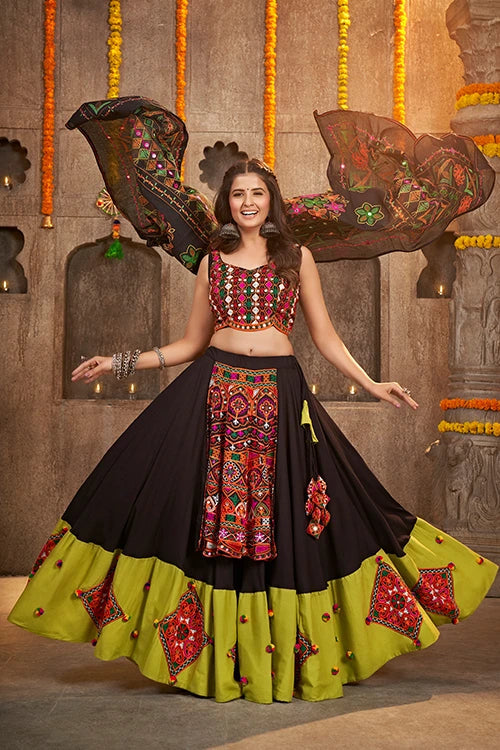 Black And Green Designer Embroidered Mirror Work Navratri Chaniya Choli