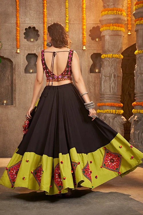 Black And Green Designer Embroidered Mirror Work Navratri Chaniya Choli