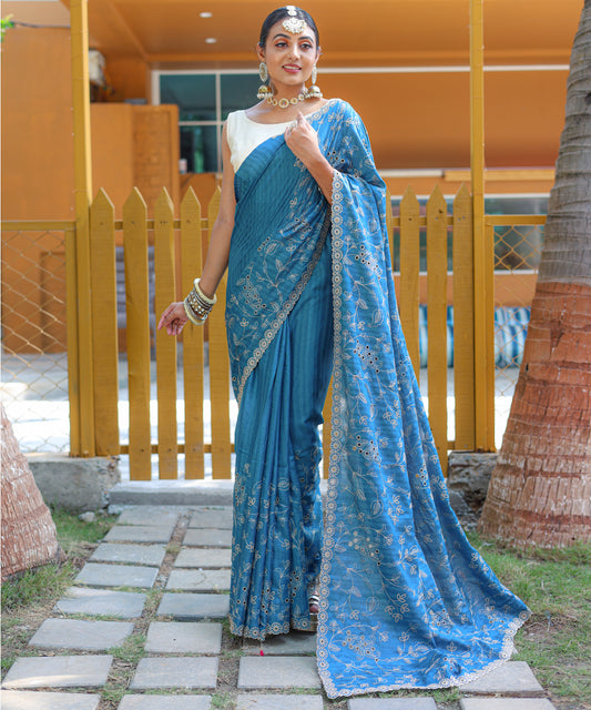 Denim Blue Aaisha Tussar Silk Embroidered Saree