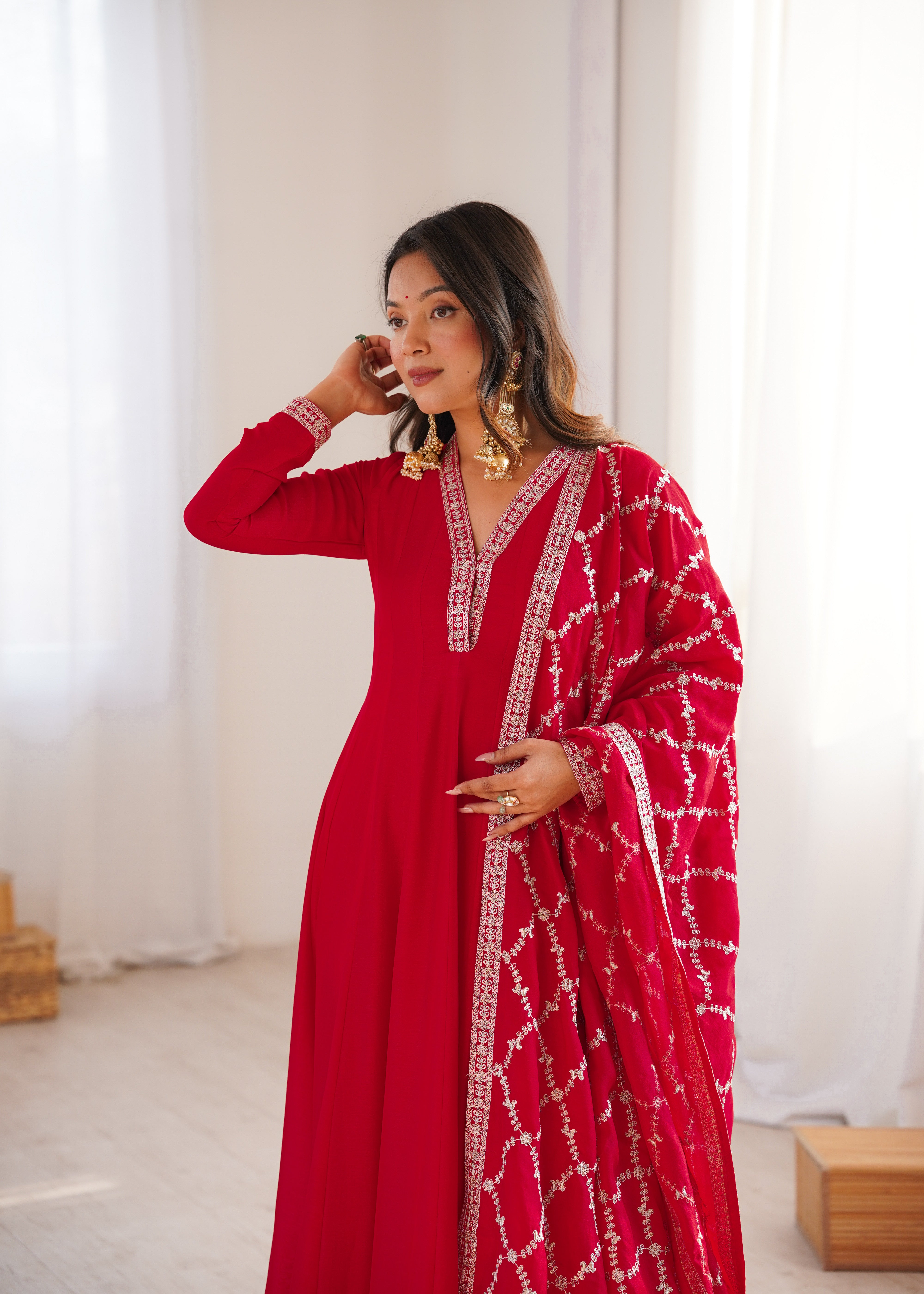 Red Pure Vichitra Silk Kali Pattern Anarkali Gown – Festive Designer Anarkali Dress