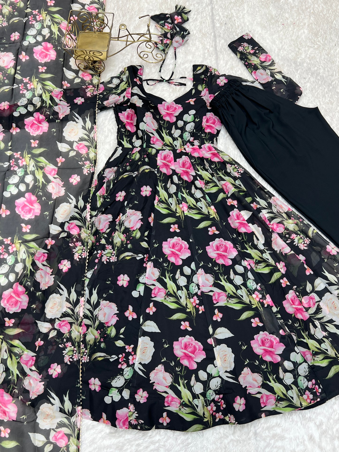 Black Pure Soft Organja Silk Fabric Fully Flair Kali Pattern And Canvas Patta Salwar Suit