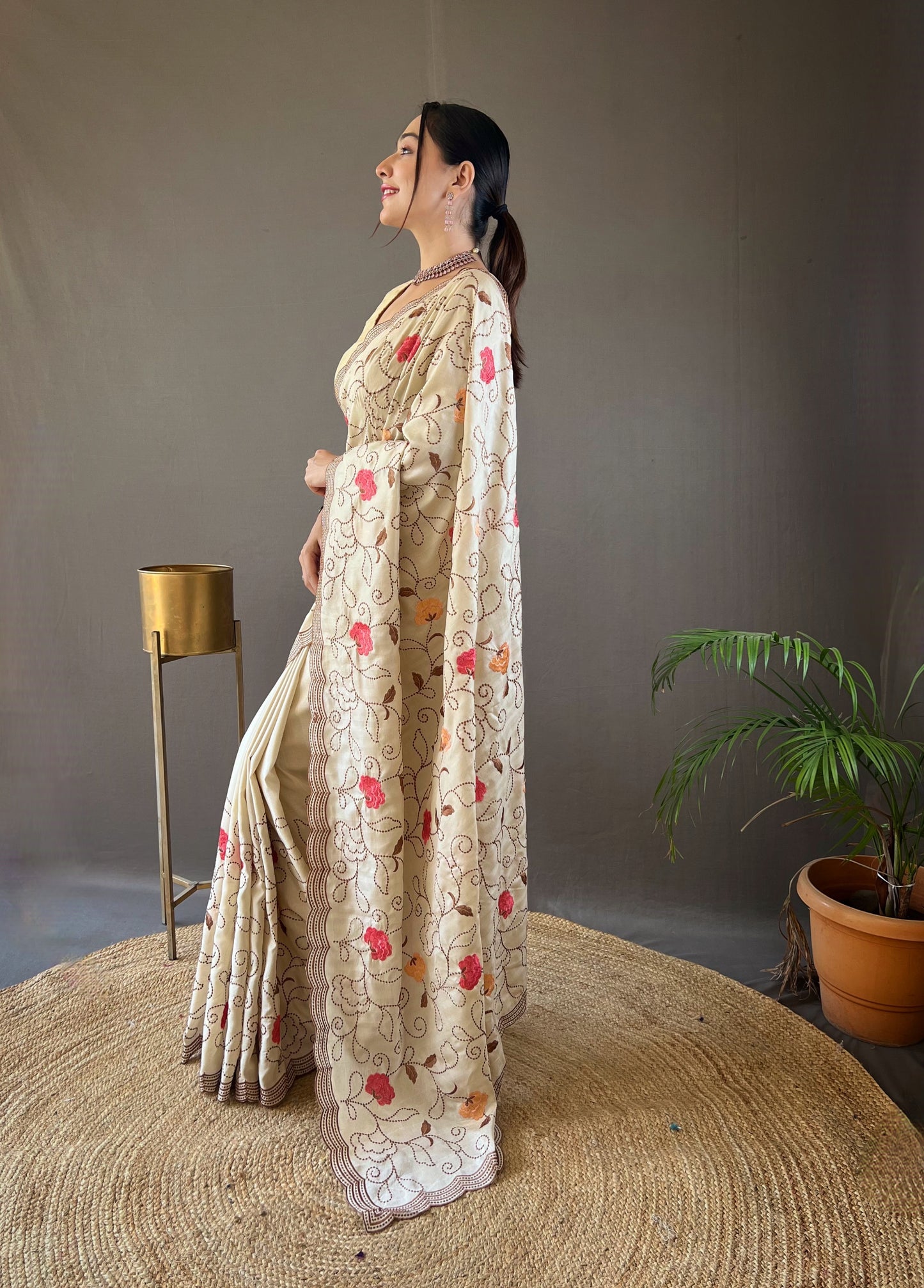 Cream Color Tussar Silk Saree with Floral Embroidery Jaal Work Saree