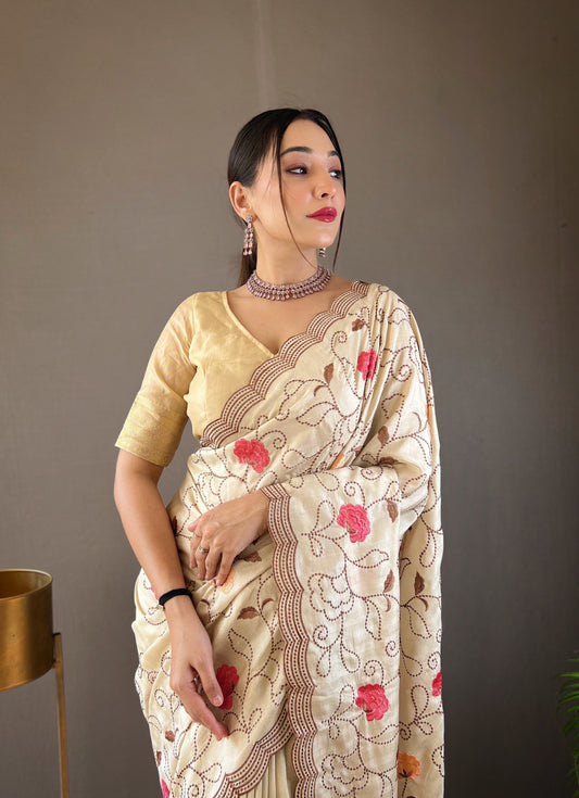 Cream Color Tussar Silk Saree with Floral Embroidery Jaal Work Saree