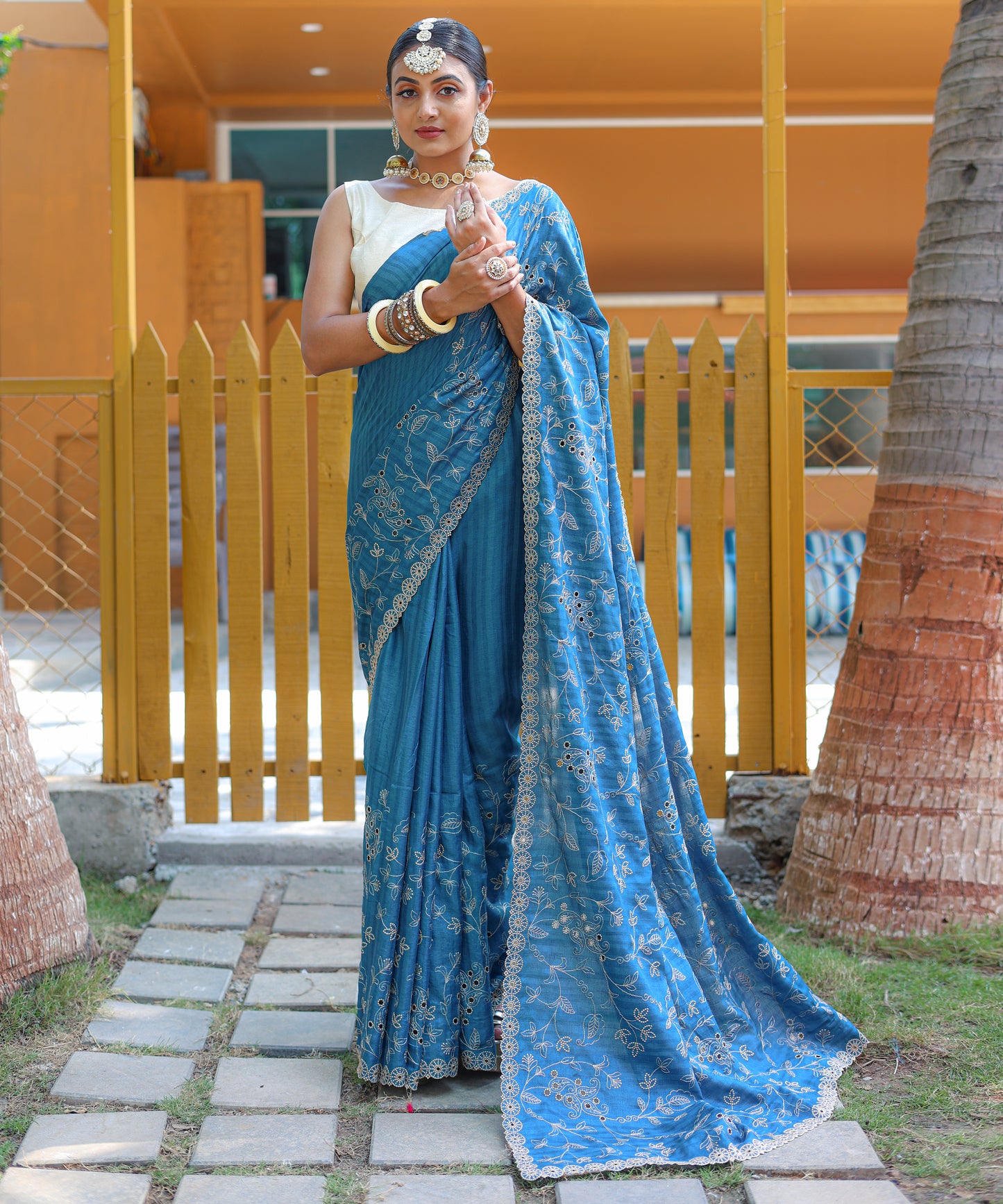 Denim Blue Aaisha Tussar Silk Embroidered Saree
