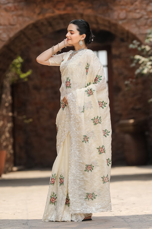 Off White Chiffon Saree With Flower Embroidery And Cut work