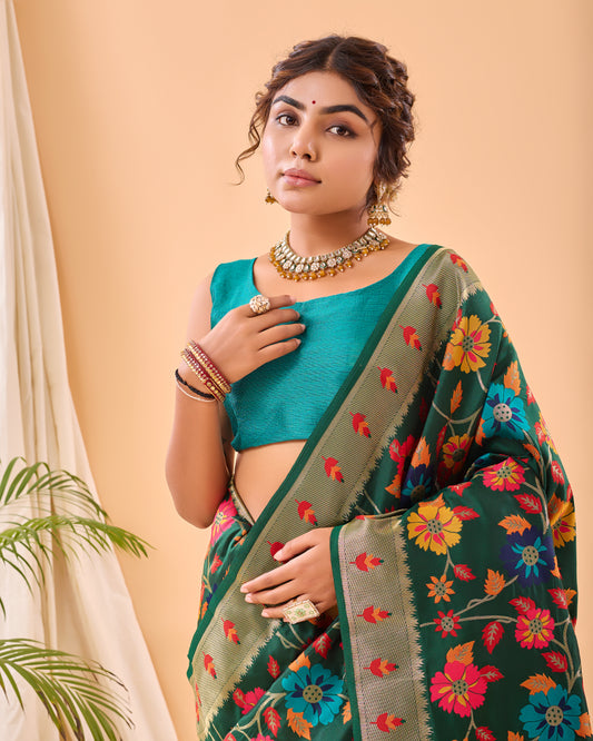 Dark Green Kashmiri Pashmina Jaal Silk Woven Meenakari Work Saree
