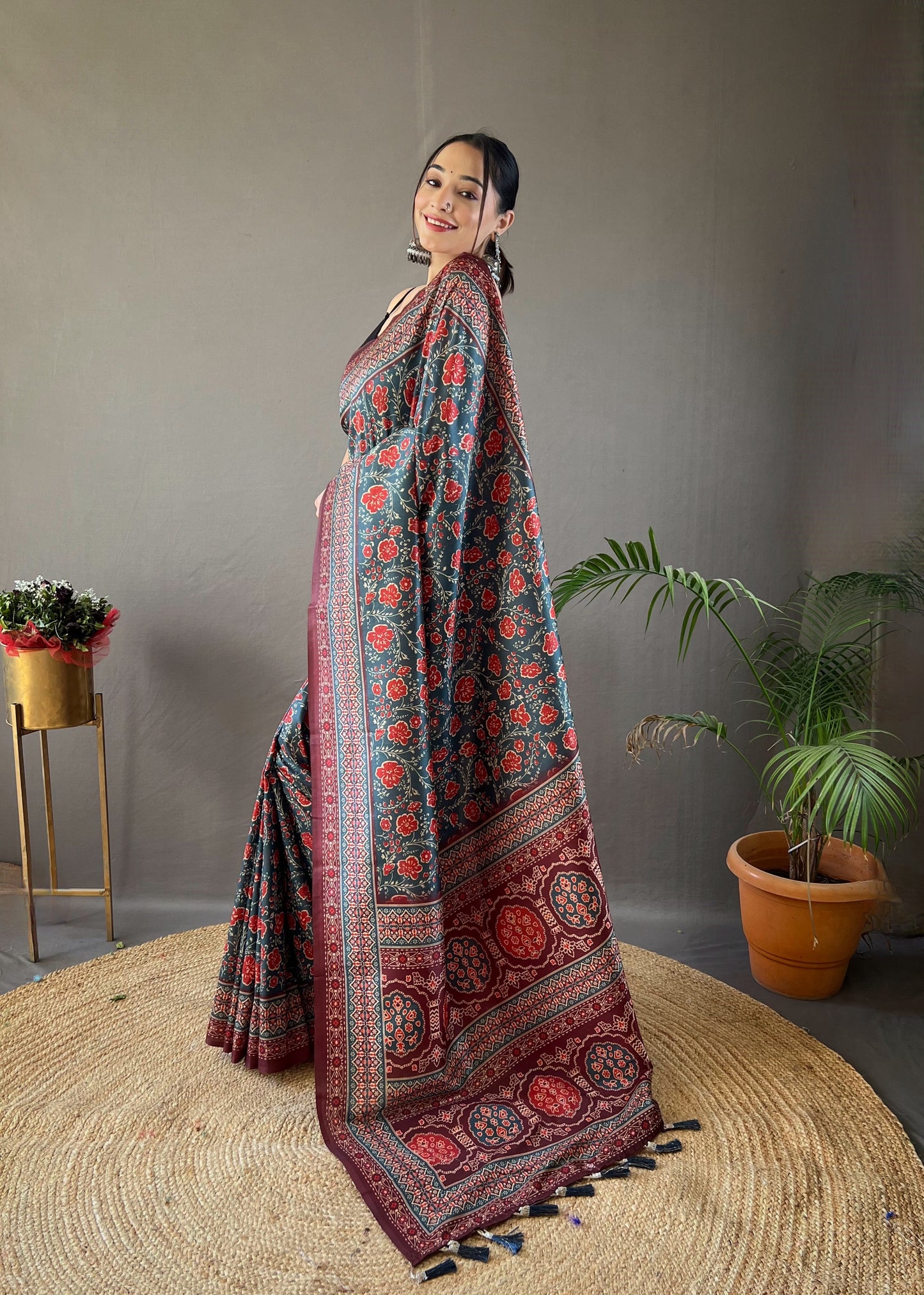 Denim Digital Printed Silk Weaves Saree