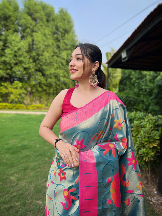 DENIM BLUE PURE PAITHANI WITH ALL OVER ZARI AND MEENAKARI WEAVES SAREE