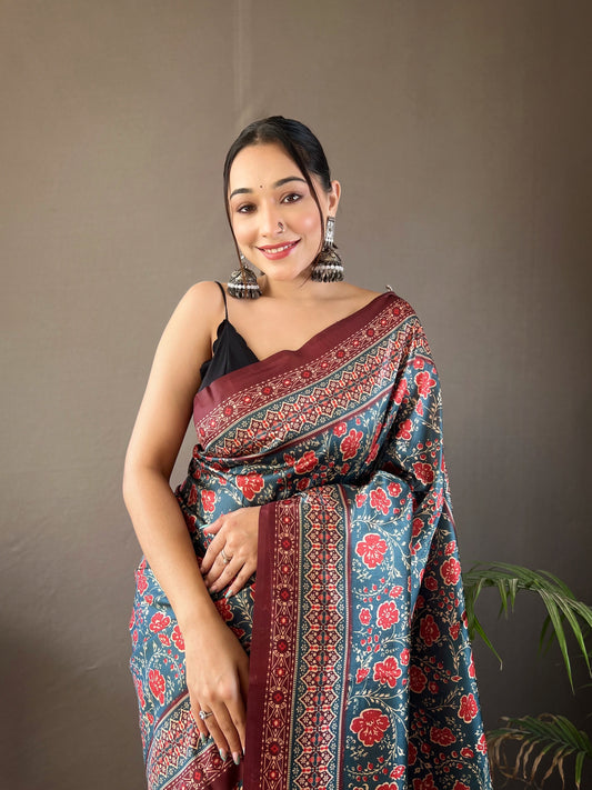 Denim Digital Printed Silk Weaves Saree