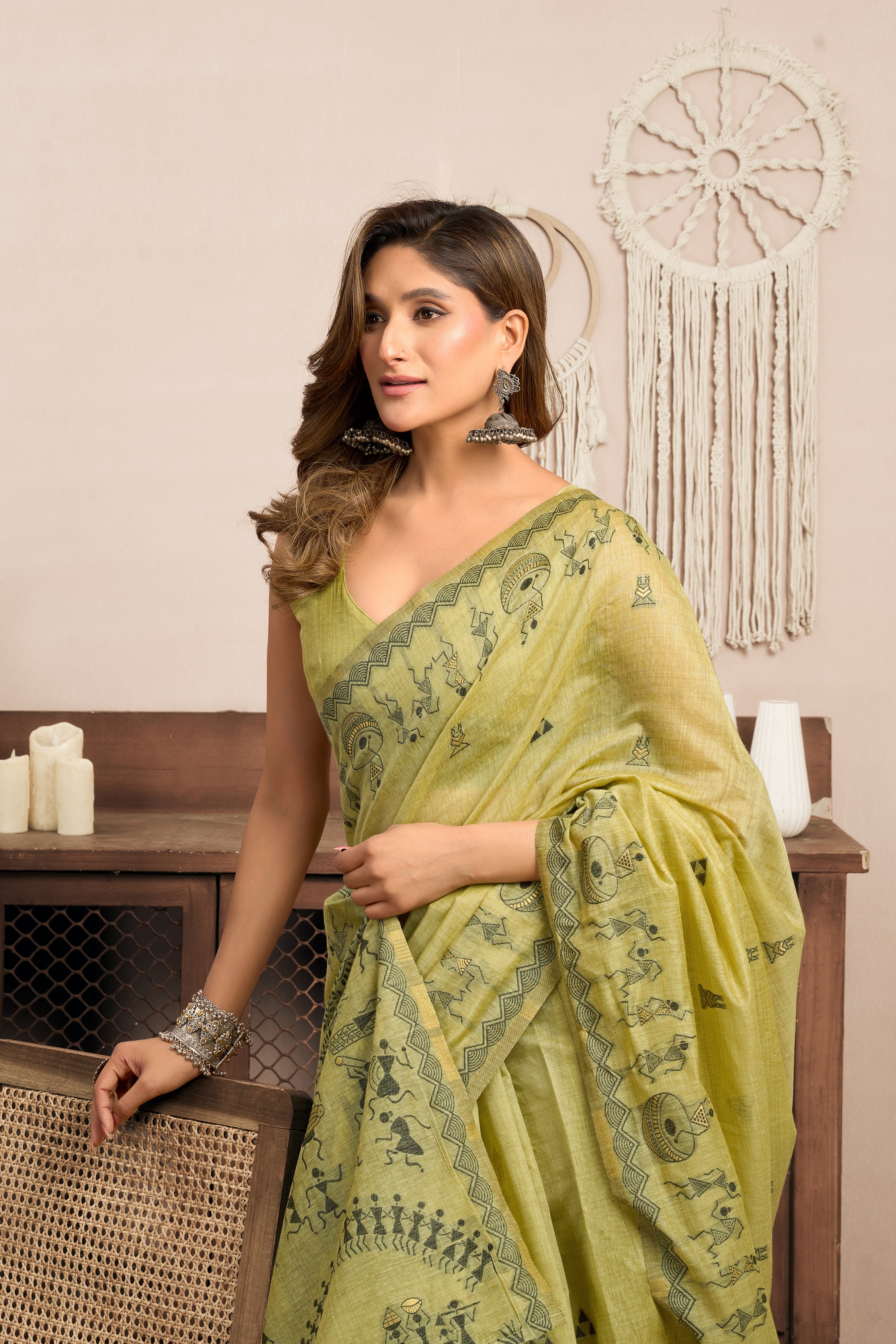Pistachio Green Warli Zari Silk Cotton Saree – Elegant Ethnic & Festive Wear Designer Saree for Women
