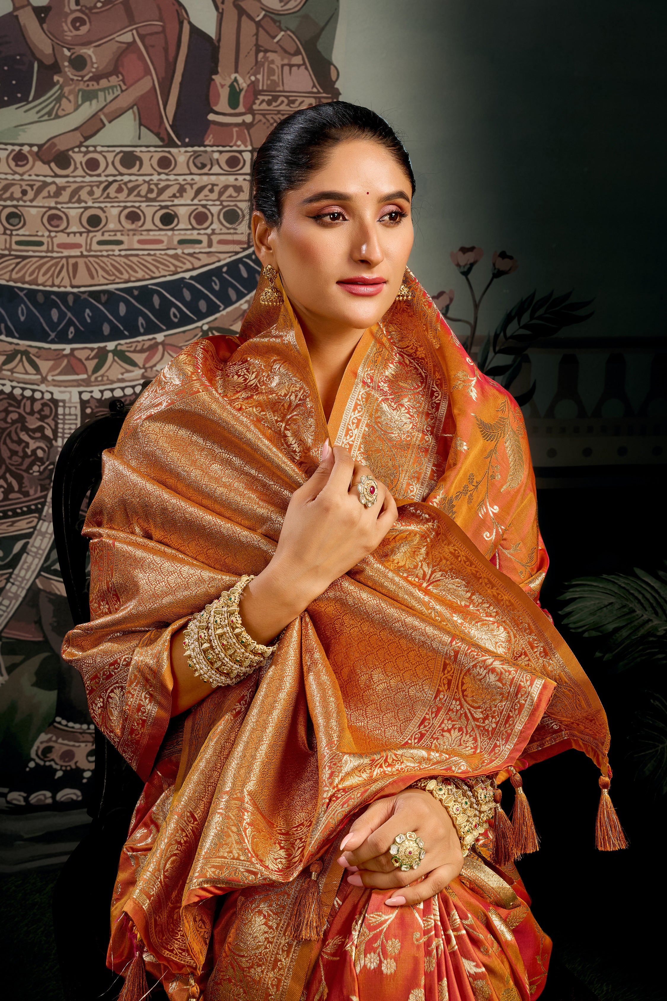 Orange Banarasi Premium Soft Silk With Gold Zari With Zhallar Saree With Blouse Piece