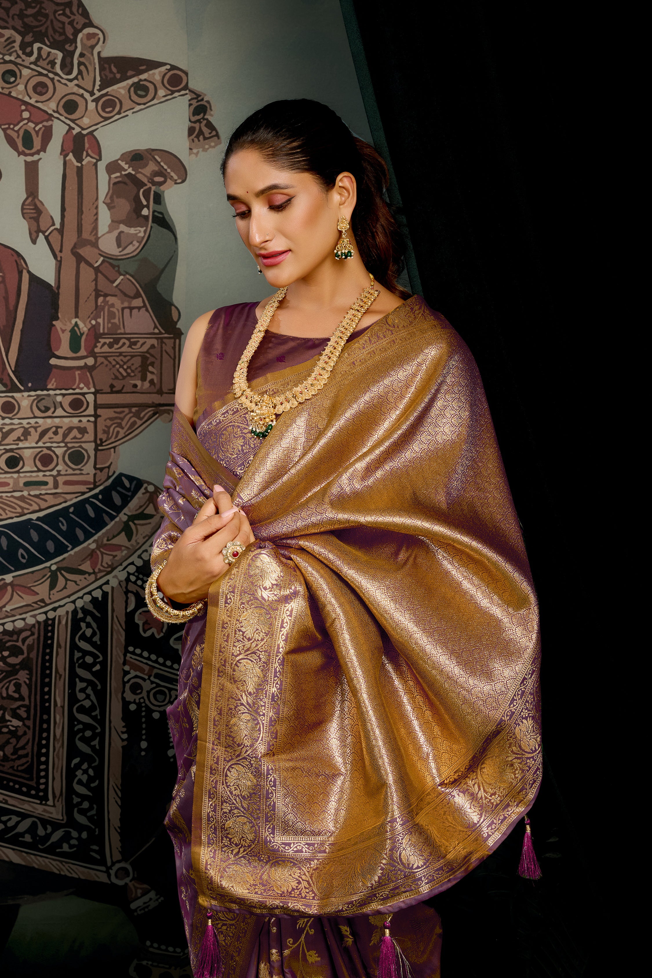 Wine Banarasi Premium Soft Silk With Gold Zari With Zhallar Saree With Blouse Piece