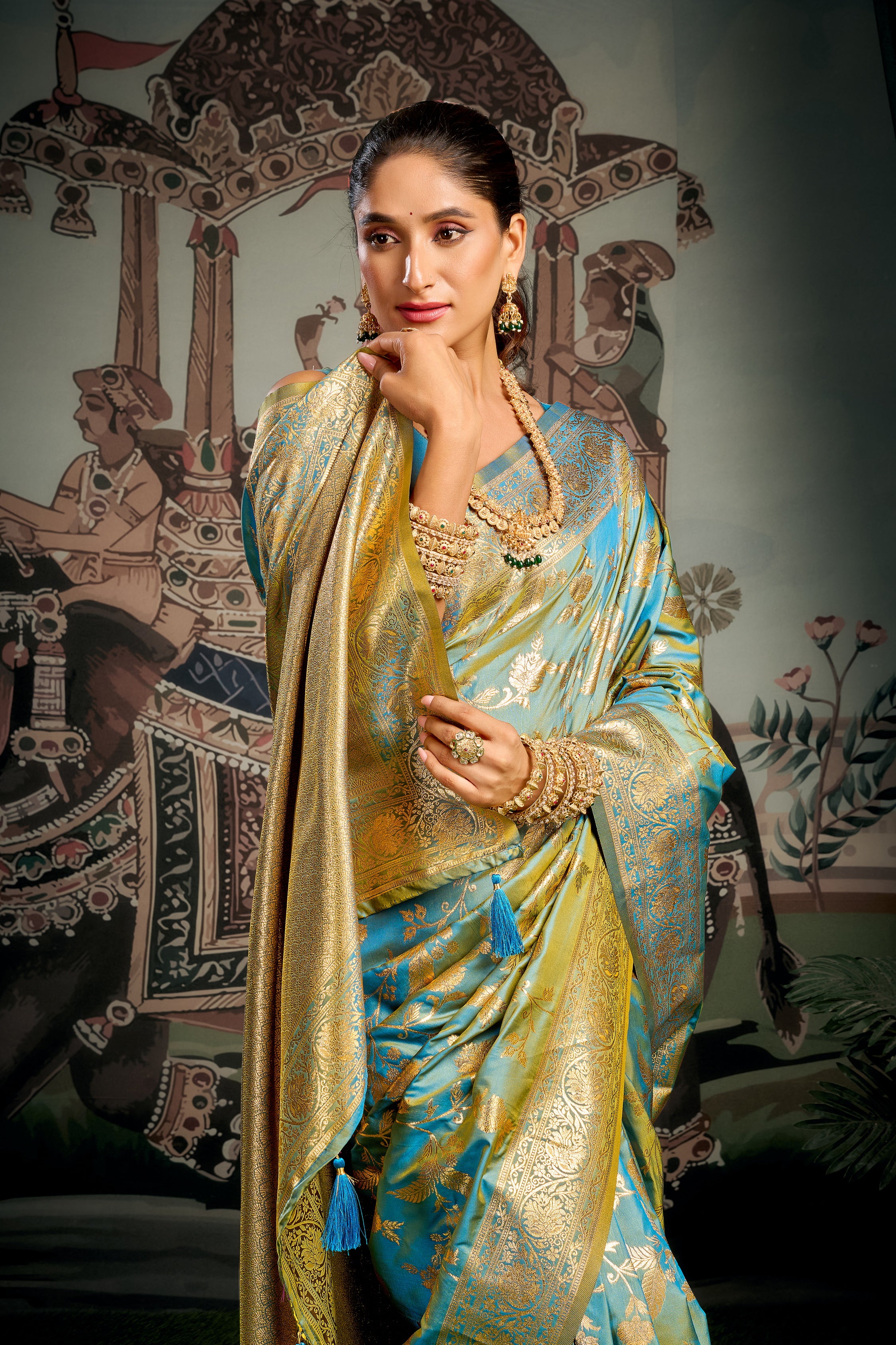 Blue Banarasi Premium Soft Silk With Gold Zari With Zhallar Saree With Blouse Piece