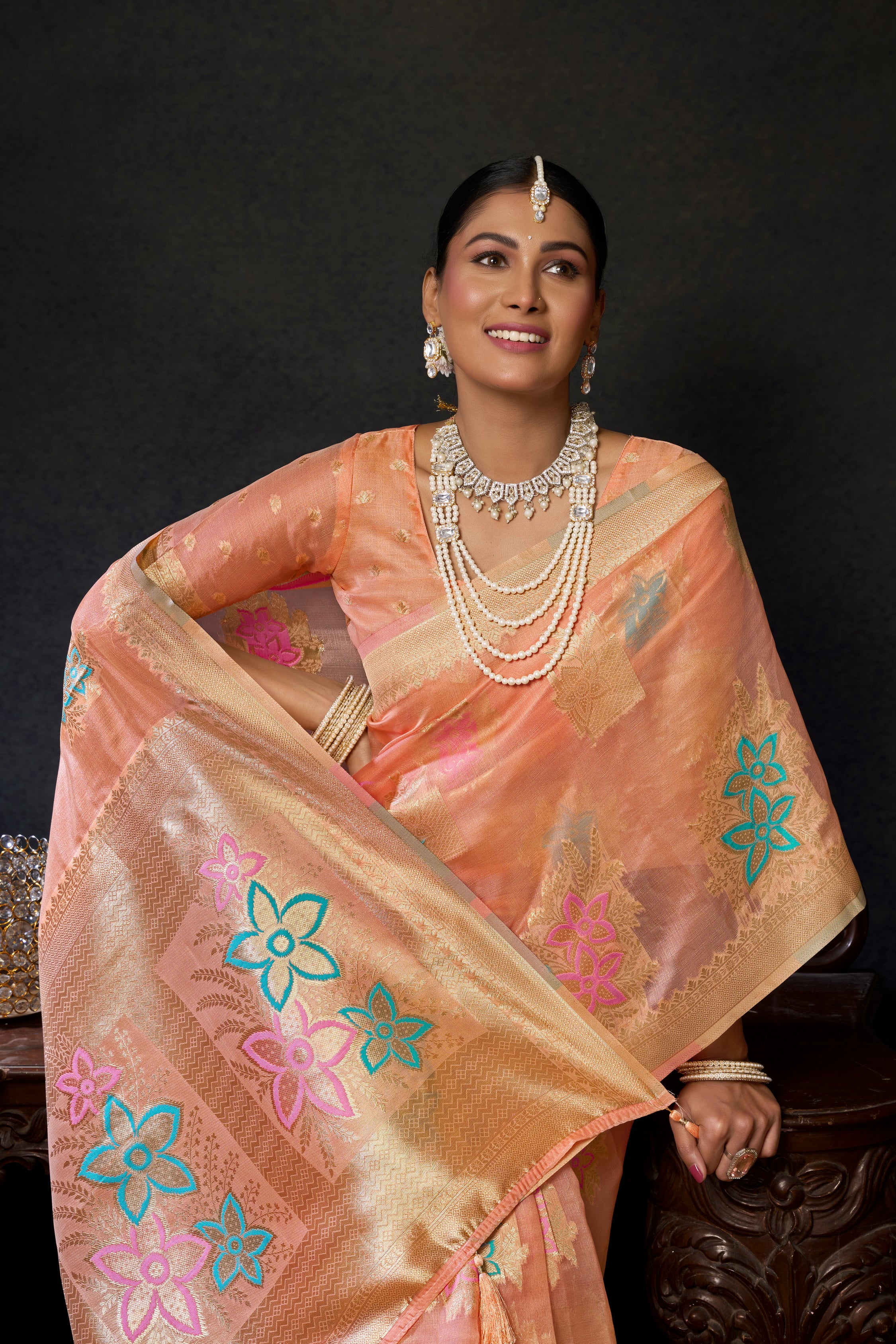 Plum Peach Woven Banarasi Organza Saree – Designer Wedding Festive Party Wear Saree