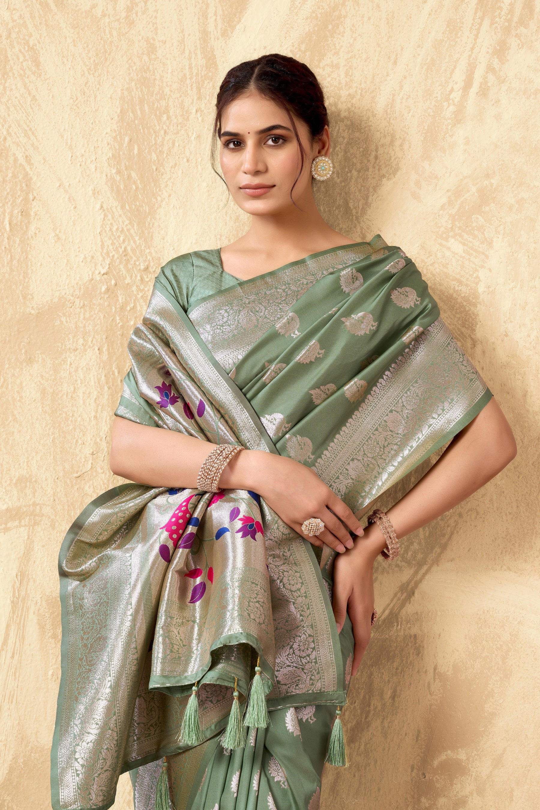 Laurel Green Rich Peacock Pallu Banarasi Silk Saree With Zhallar