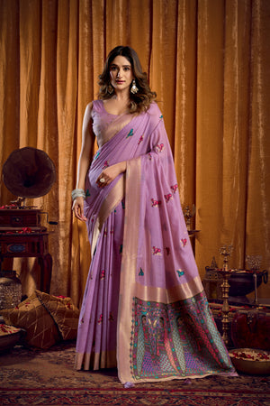 Lavender Khadi Cotton Saree with Katha Work Modal Blouse and Mina Zhallar Detail by The Beauty Queen Surat