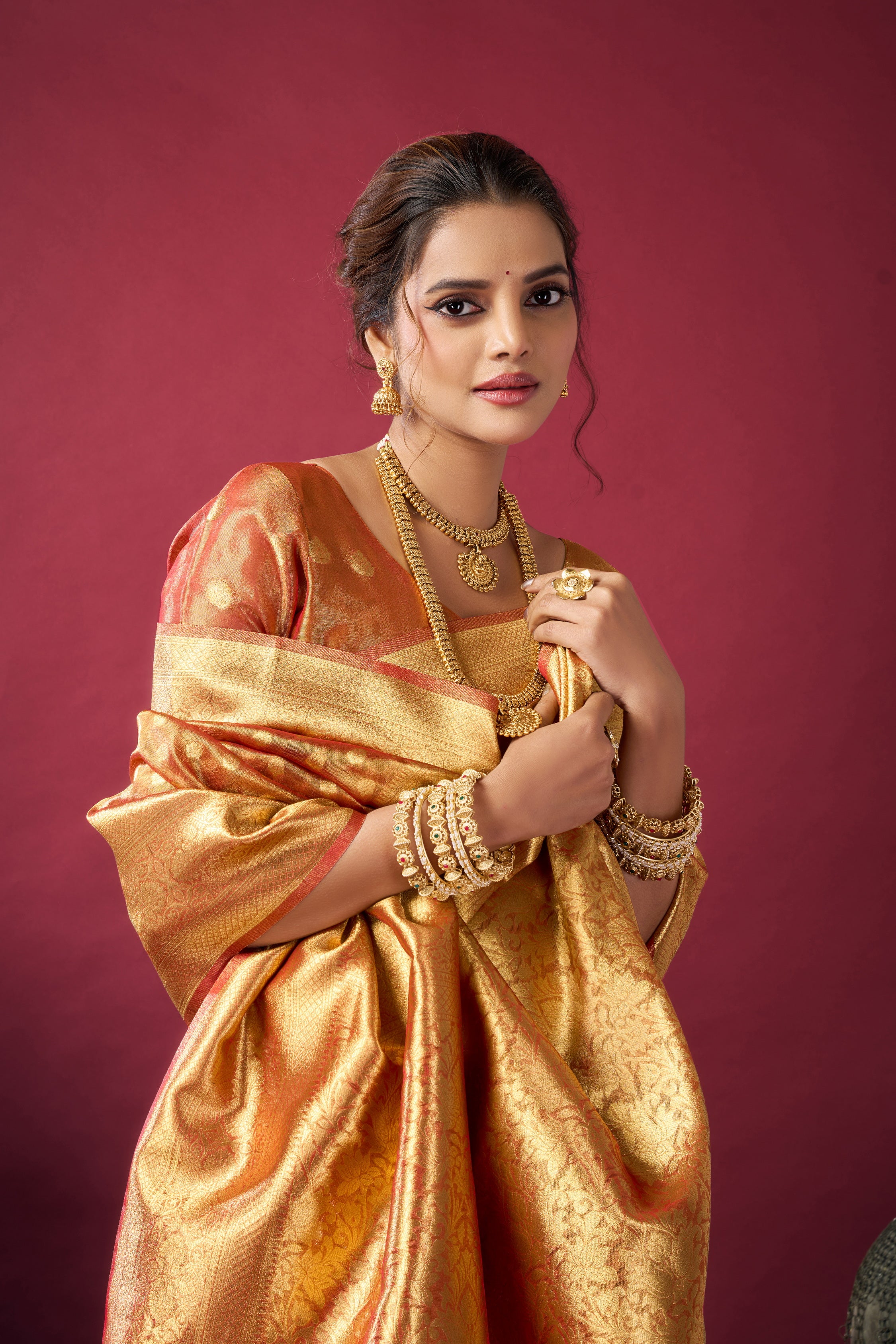 Orange Golden Woven Design Zari Tissue Banarasi Saree – Designer Wedding Festive Party Wear Saree