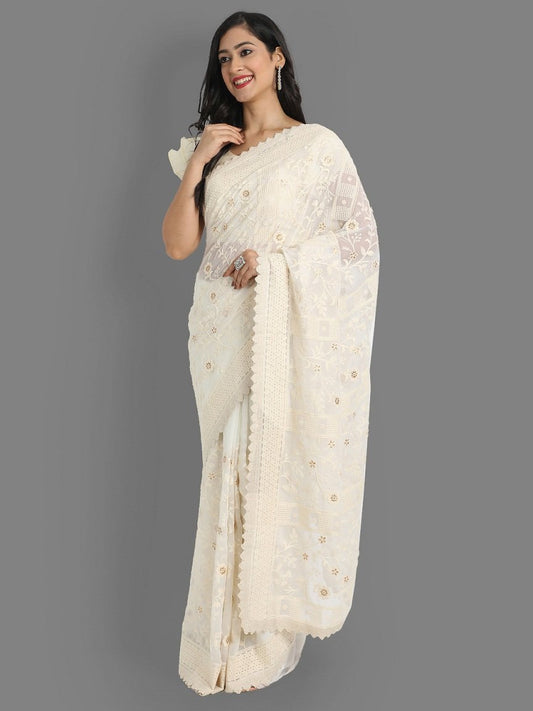 White Colour Faux Georgette Beautiful Lakhnavi Work Saree