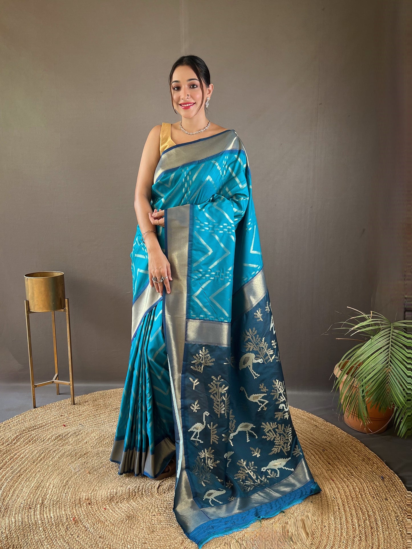 Firoji Zig Zag Viscose Zari Design Soft Banarasi Silk Saree
