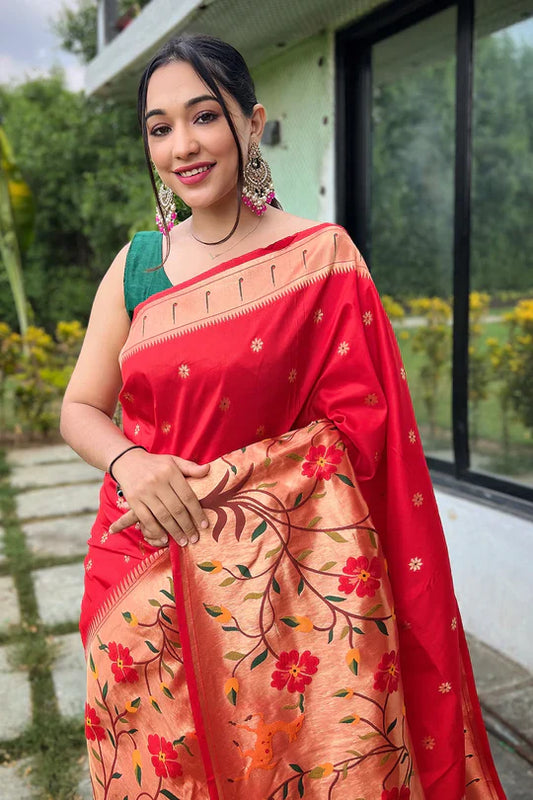 Scarlet Red Paithani Big Border Woven Saree
