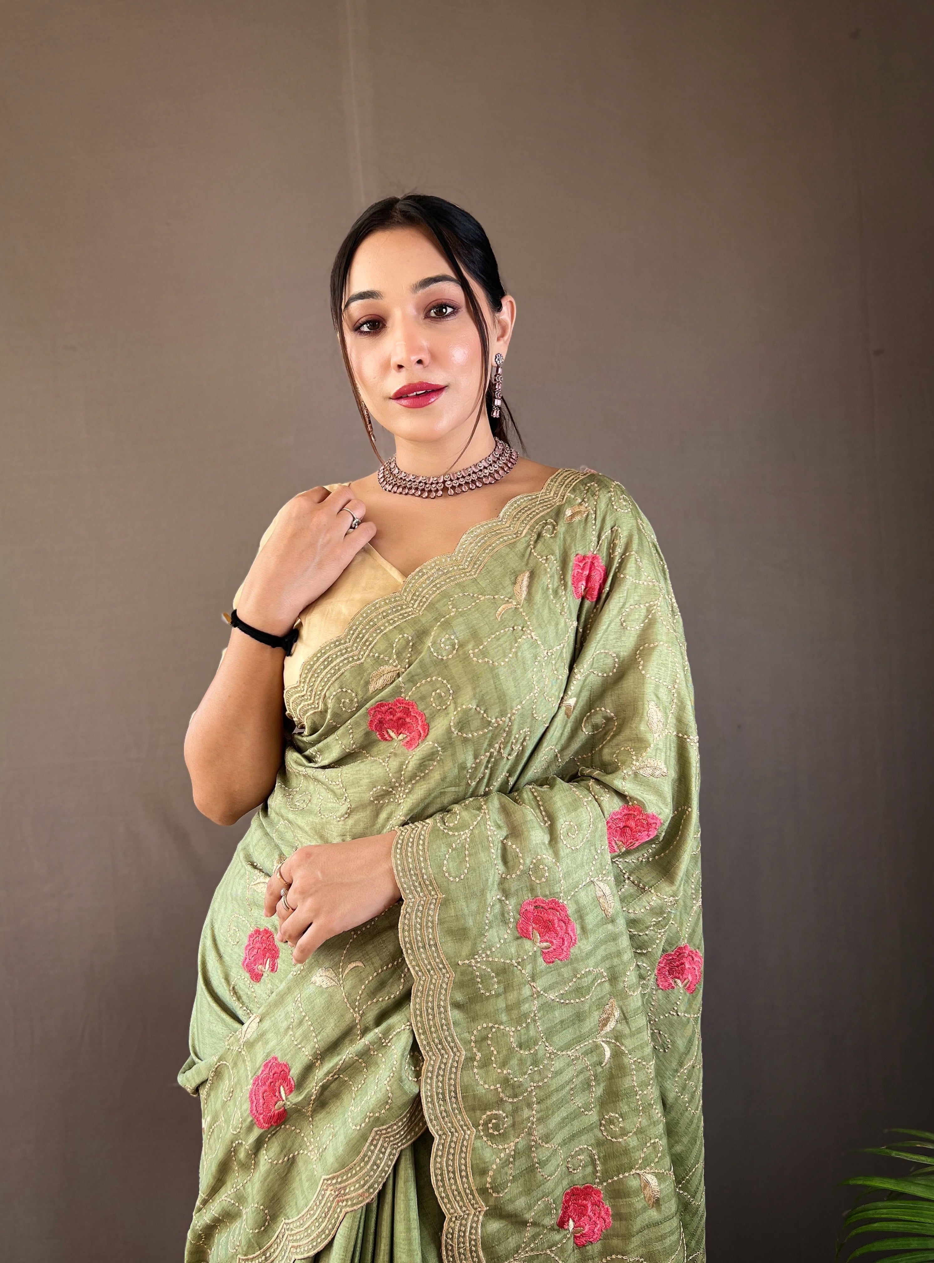 Green Color Tussar Silk Saree with Floral Embroidery Jaal Work Saree