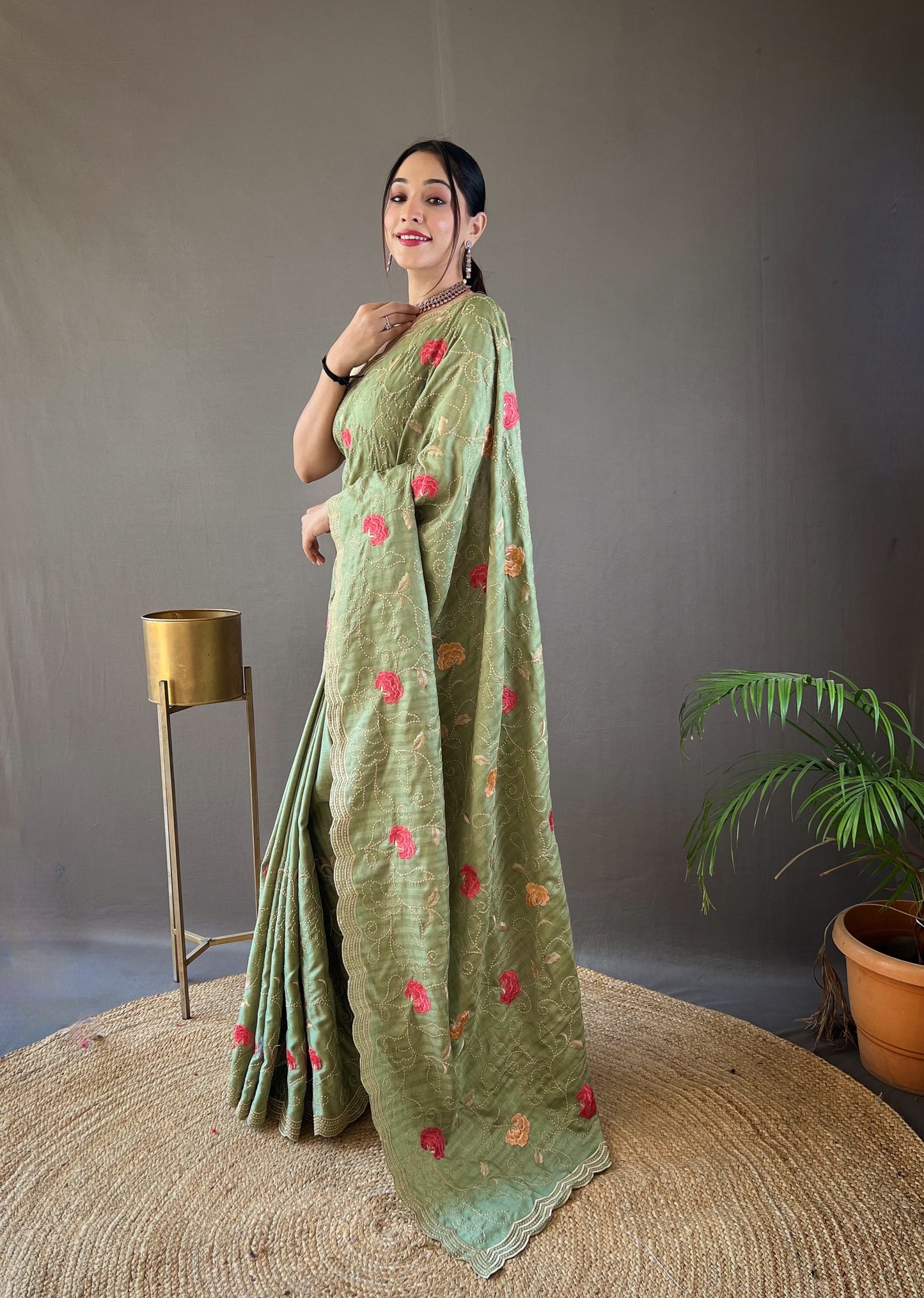 Green Color Tussar Silk Saree with Floral Embroidery Jaal Work Saree
