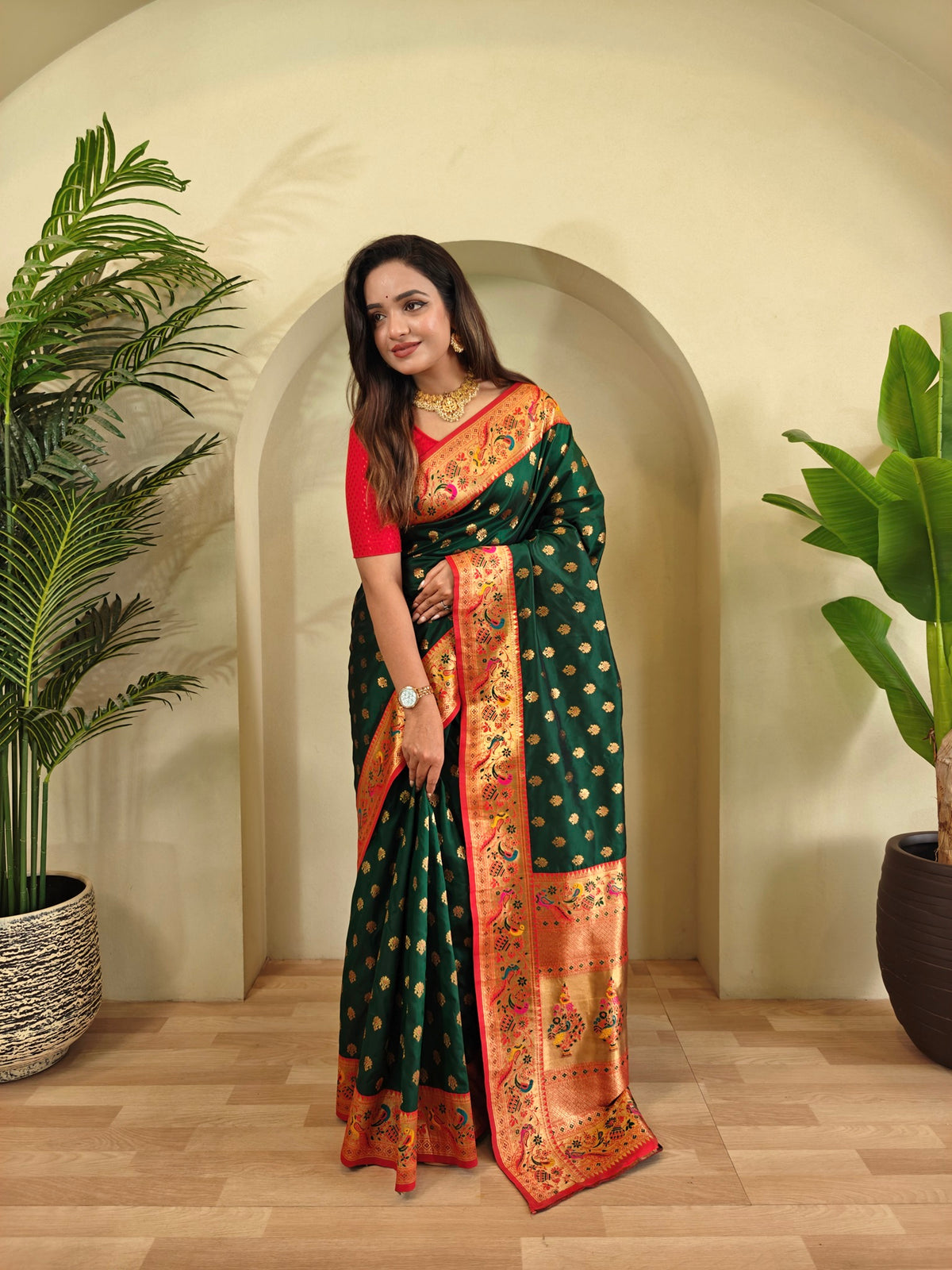 Dark Green & Red Ethnic Motifs Woven Design Silk Saree With Woven Design Border