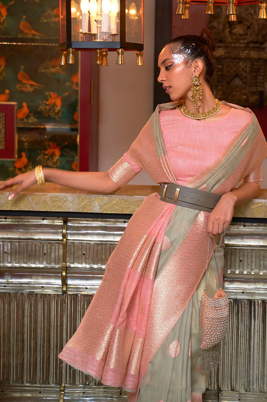 Peach Fancy Linen Weaving Saree