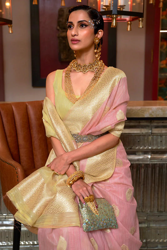 Golden And Pink Fancy Linen Weaving Saree