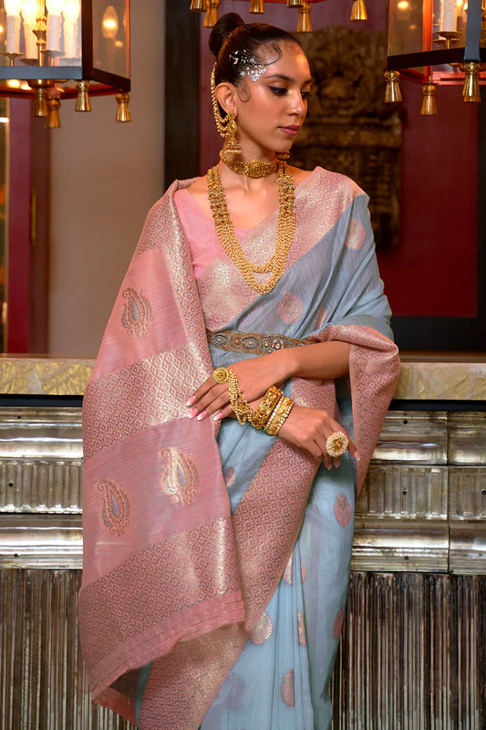 Peach And Sky Blue Fancy Linen Weaving Saree