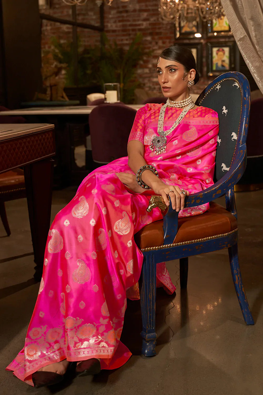 Fuscia Pink Pure Satin Handloom Weaving Saree