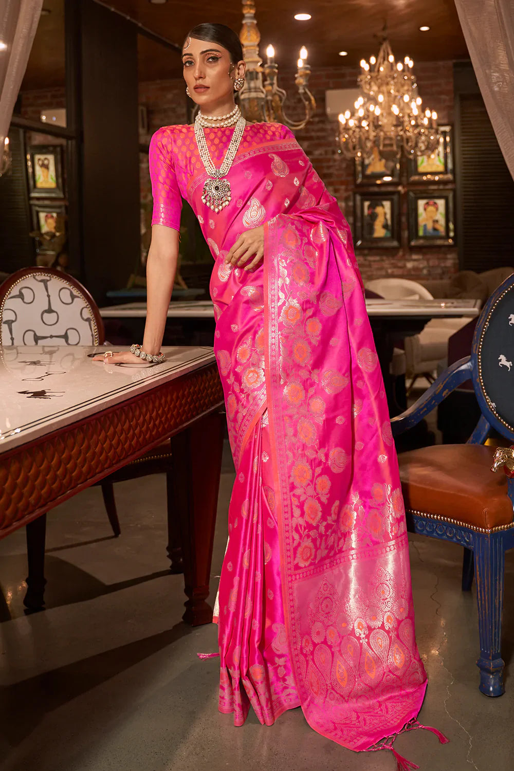Fuscia Pink Pure Satin Handloom Weaving Saree