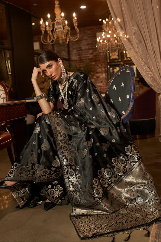 Black Pure Satin Handloom Weaving Saree