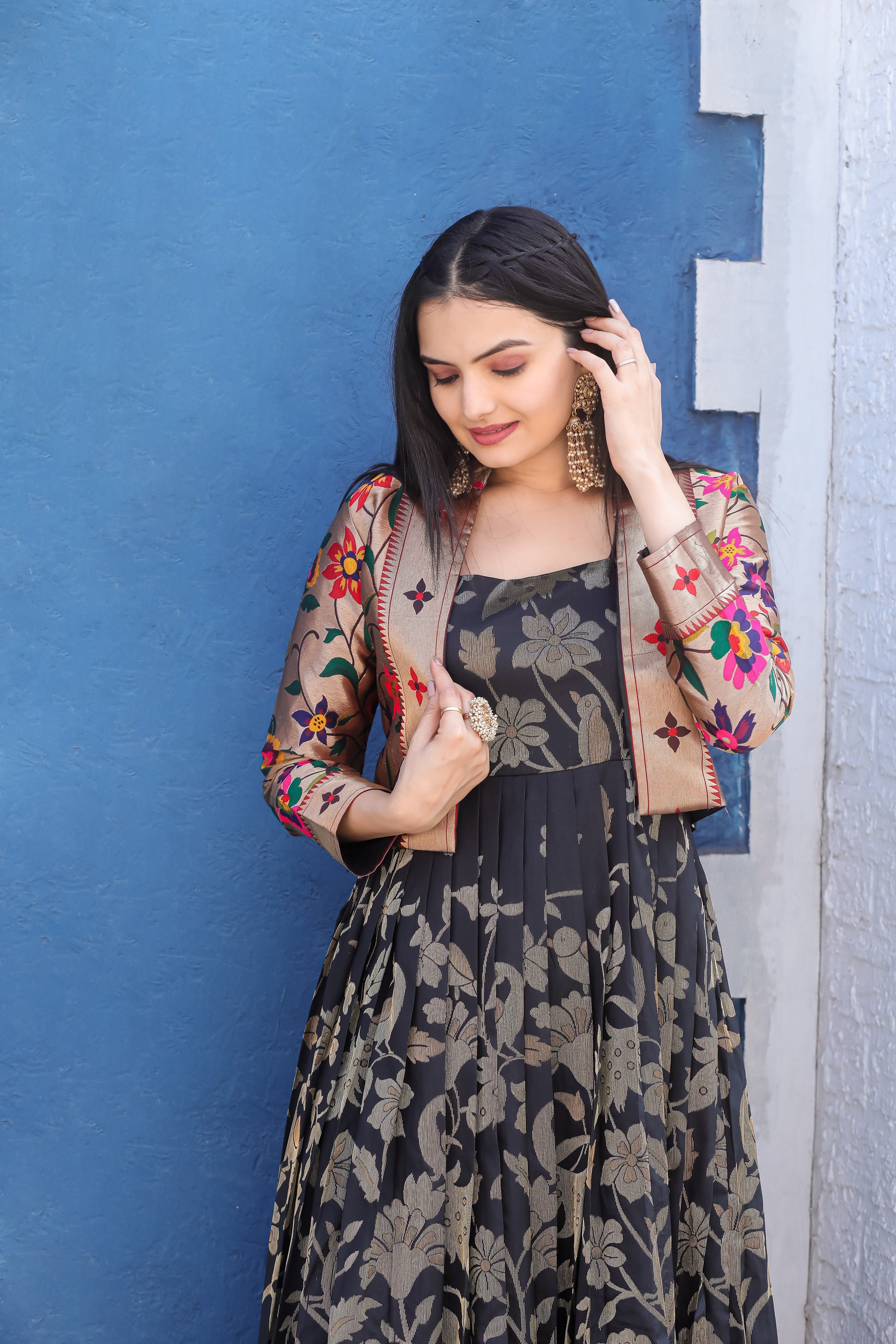 Black Woven Silk Paithani Flared Gown with Attached Layered Zari Jacket