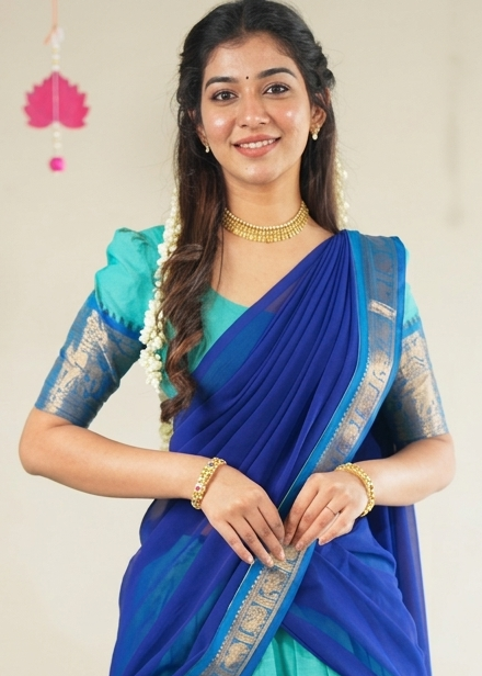 Turquoise & Royal Blue Kanchi Cotton Half Saree Lehenga - Traditional Zari Weaving Work with Temple Border