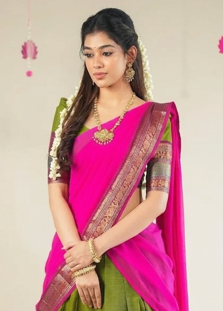 Olive Green Kanjivaram Silk Half Saree – Traditional Zari Weaving Langa Voni Set