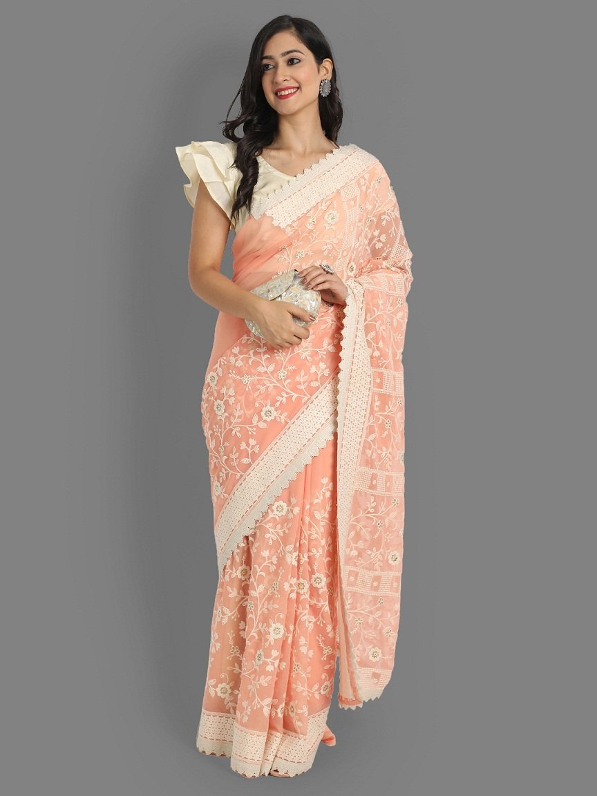 Peach Colour Faux Georgette Beautiful Lakhnavi Work Saree