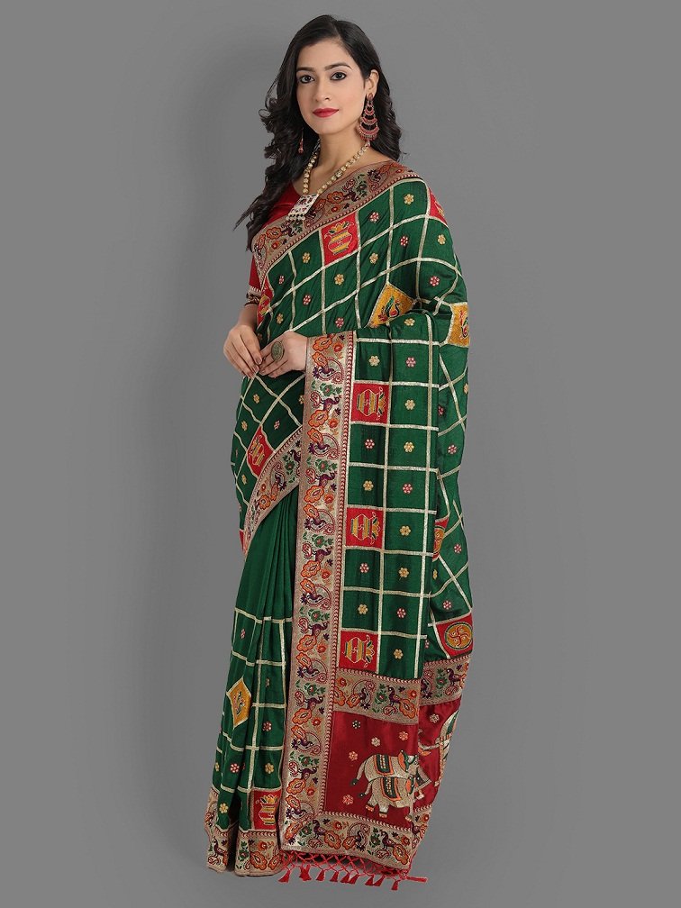Dark Green And Maroon Panetar Patola Silk Wedding Saree
