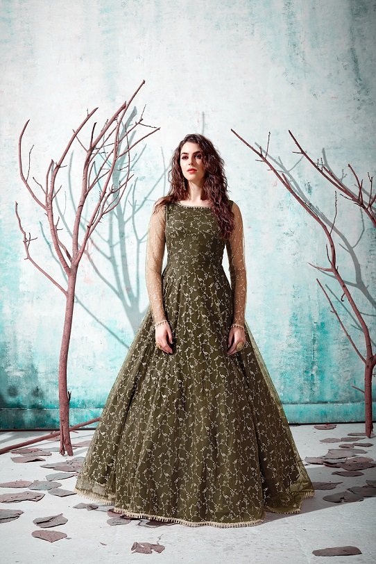 Olive Green NET Fabric Foil Printed Gown Collection