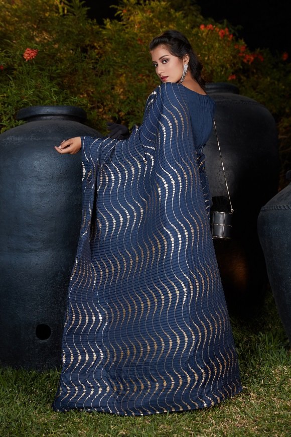 Navy Blue Foil Print With Plitting Work Sarees