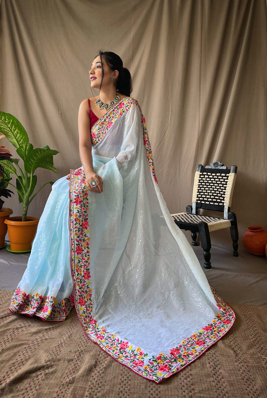 Sky Blue Pure Georgette Saree With All Over Sequence Work
