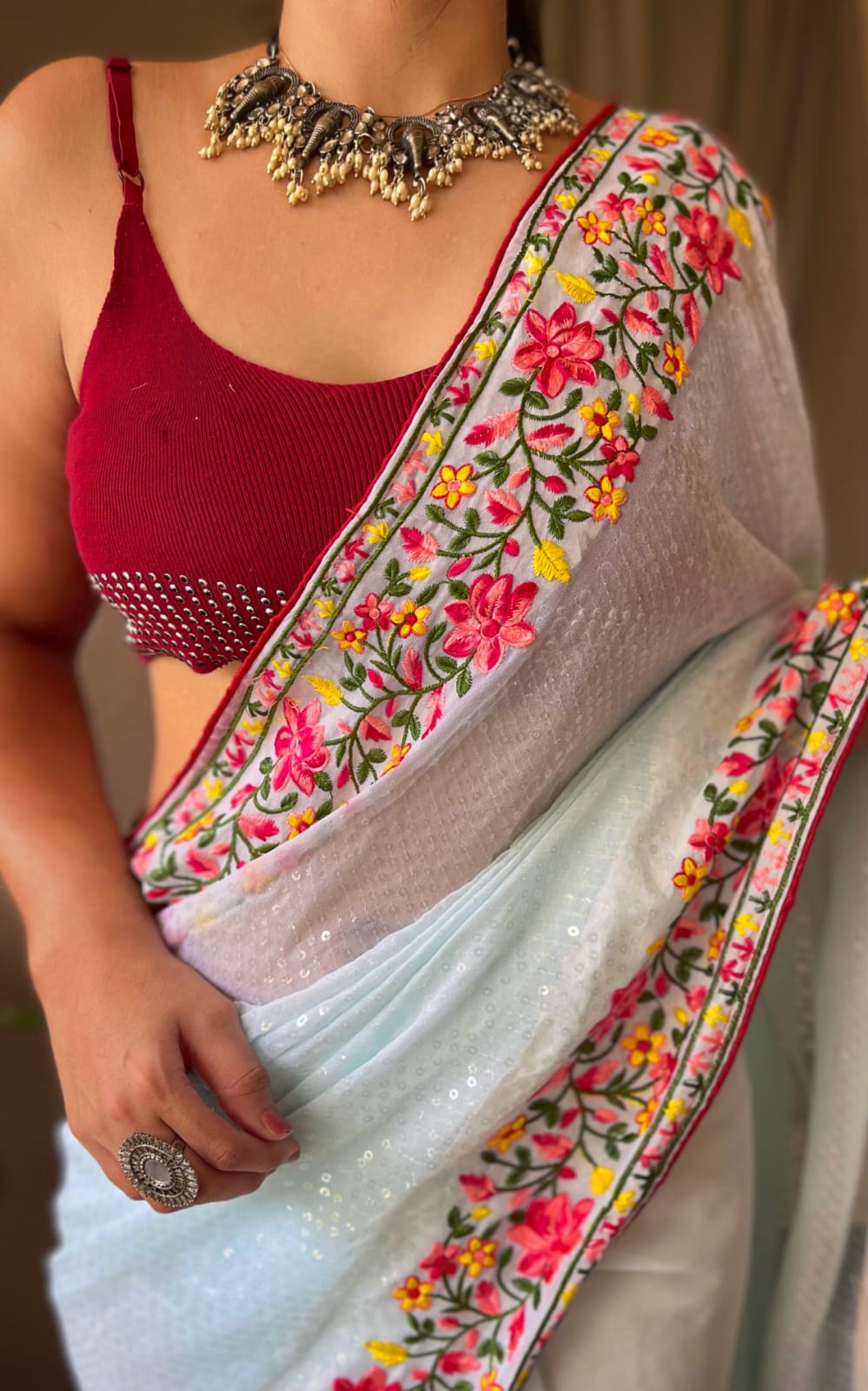 Sky Blue Pure Georgette Saree With All Over Sequence Work