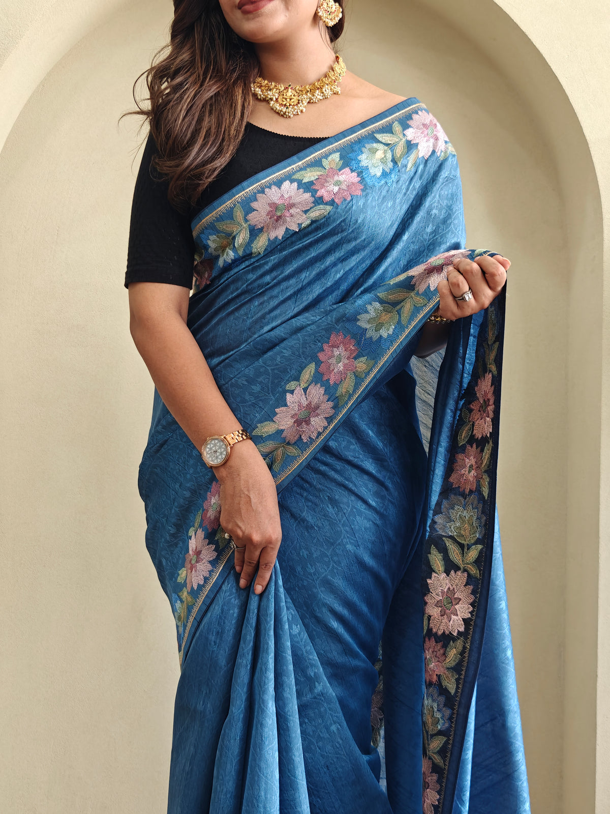 Royal Blue Pure Tussar Silk Saree With Floral Embroidery Borders