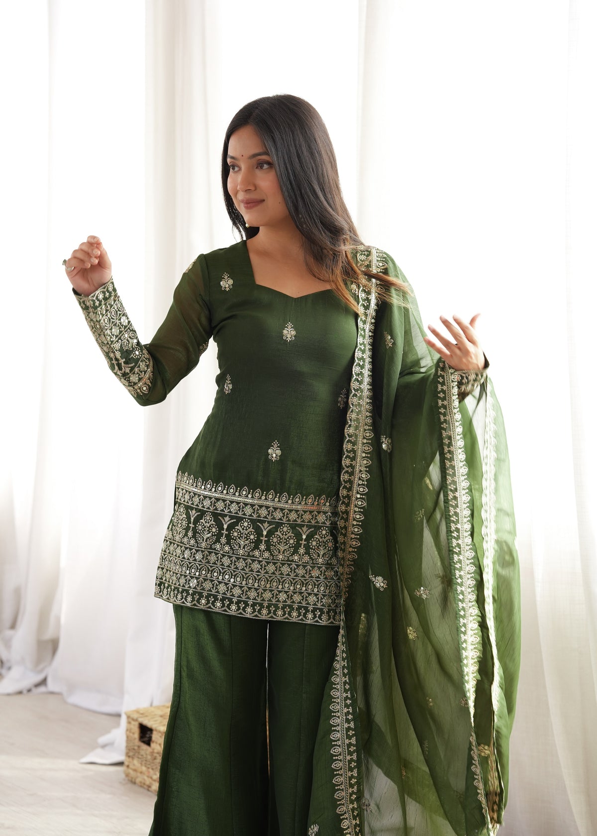 Olive Green Crunchy Silk Kurti Sharara Set with Sequin & Zari Embroidery