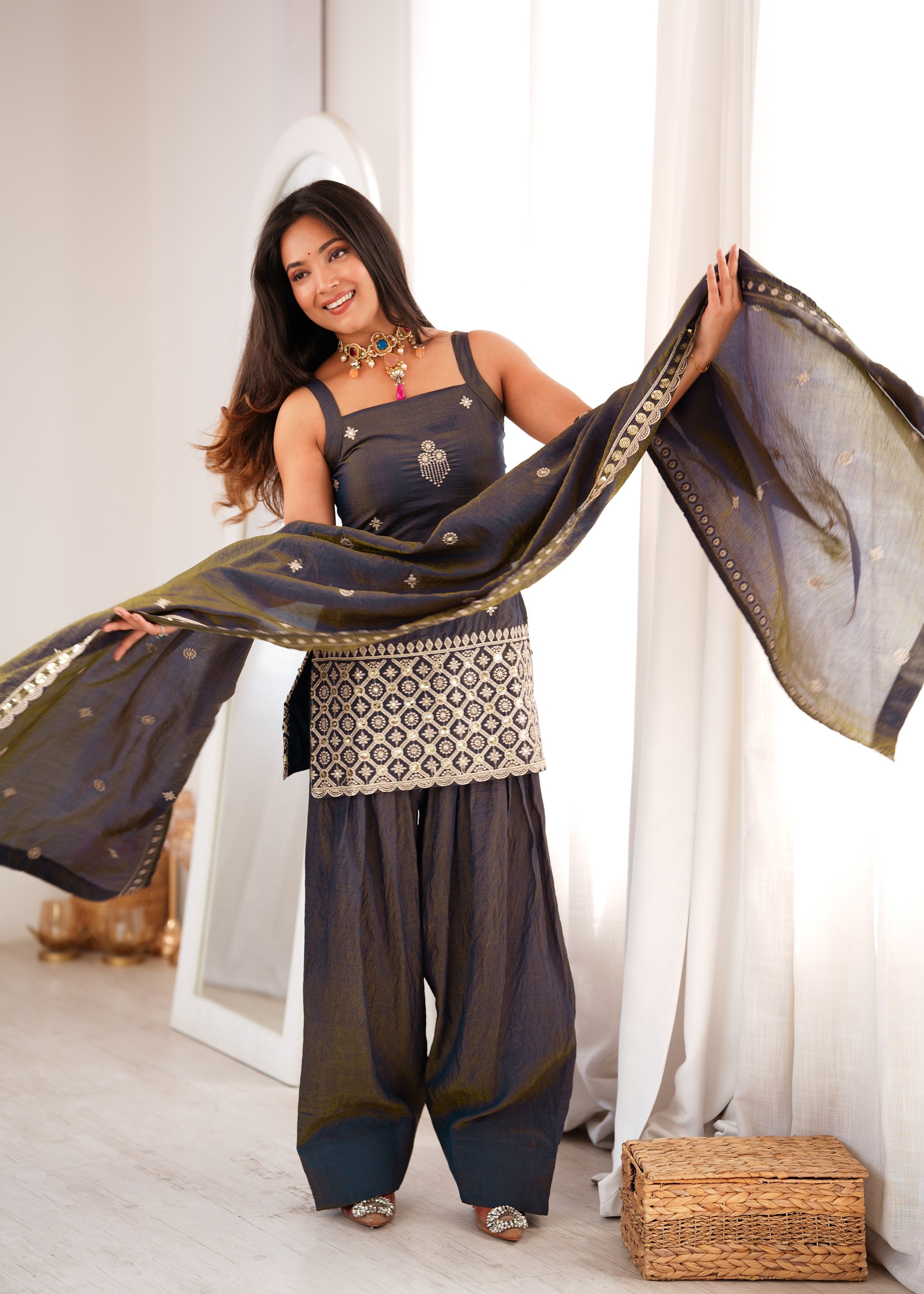 Charcoal Gunmetal Vichitra Silk Sleeveless Short Kurti Salwar Suit Set with Heavy Sequin, Dori & Zari Floral Yoke Work, Pleated Bottoms & Embroidered Silk Dupatta