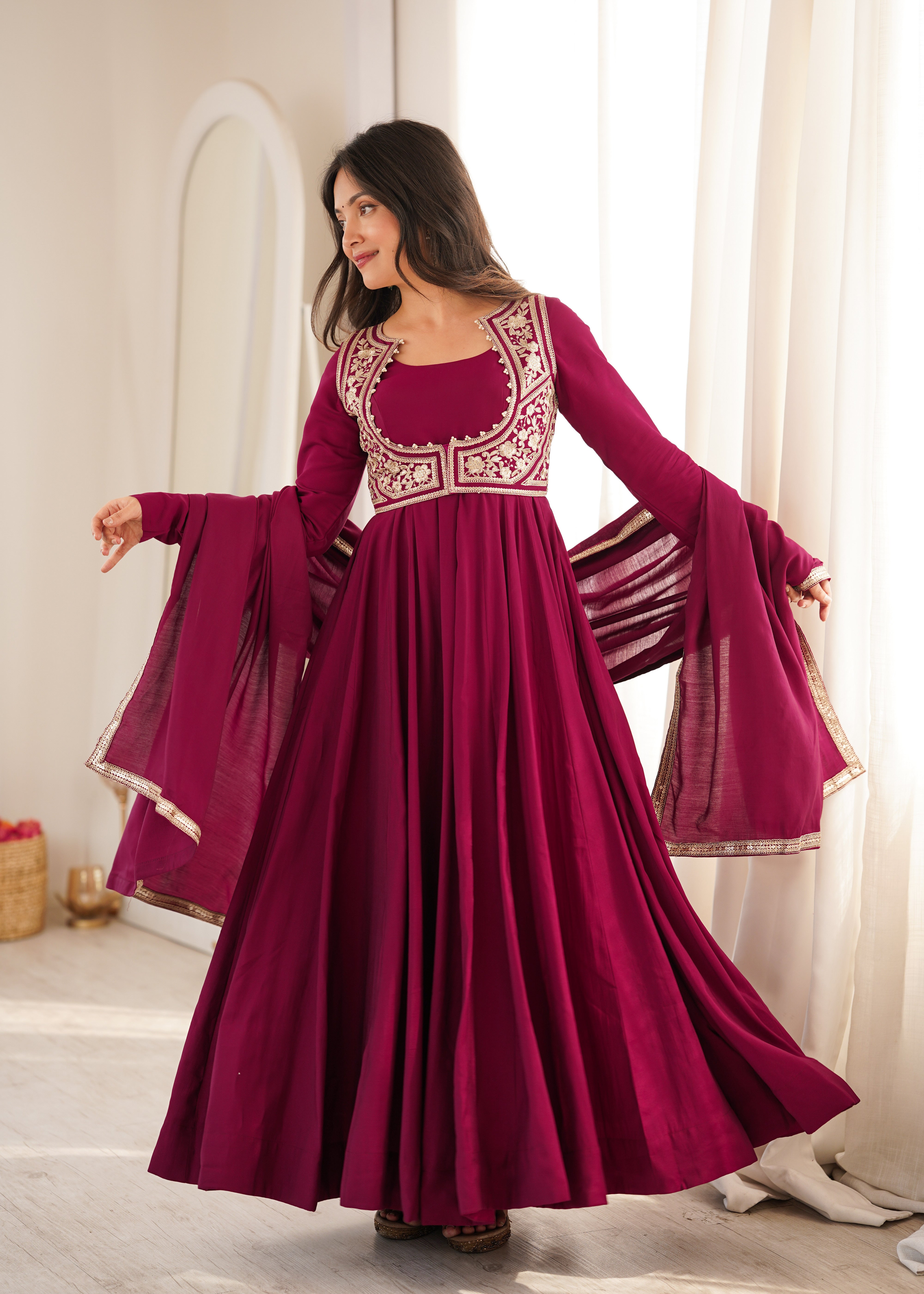 Magenta Plum Heavy Pure Roman Silk Flared Anarkali Gown Suit Set with Zari & Sequin Embroidered Waistcoat-Style Yoke, Matching Pants & Pure Chanderi Dupatta with Gota Lace